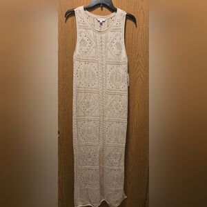 NWT Ophelia Roe Elegant Crochet Dress Beige Sleeveless Knit Maxi Dress Size M
